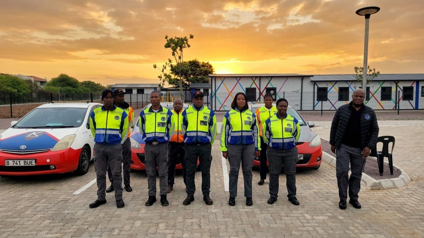 Kedith tactical officers and response vehicles at Duma Boko School at sunset