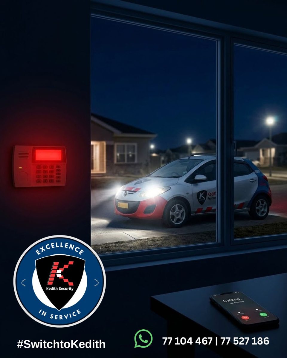 Kedith response unit arriving outside a home at night as the alarm panel lights up
